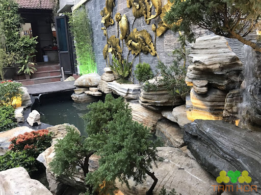 Hòn non bộ thác nước kết hợp trồng cây xanh
