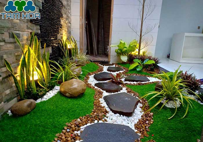 Sân vườn Nhỏ - Mini trải sỏi và thảm cỏ