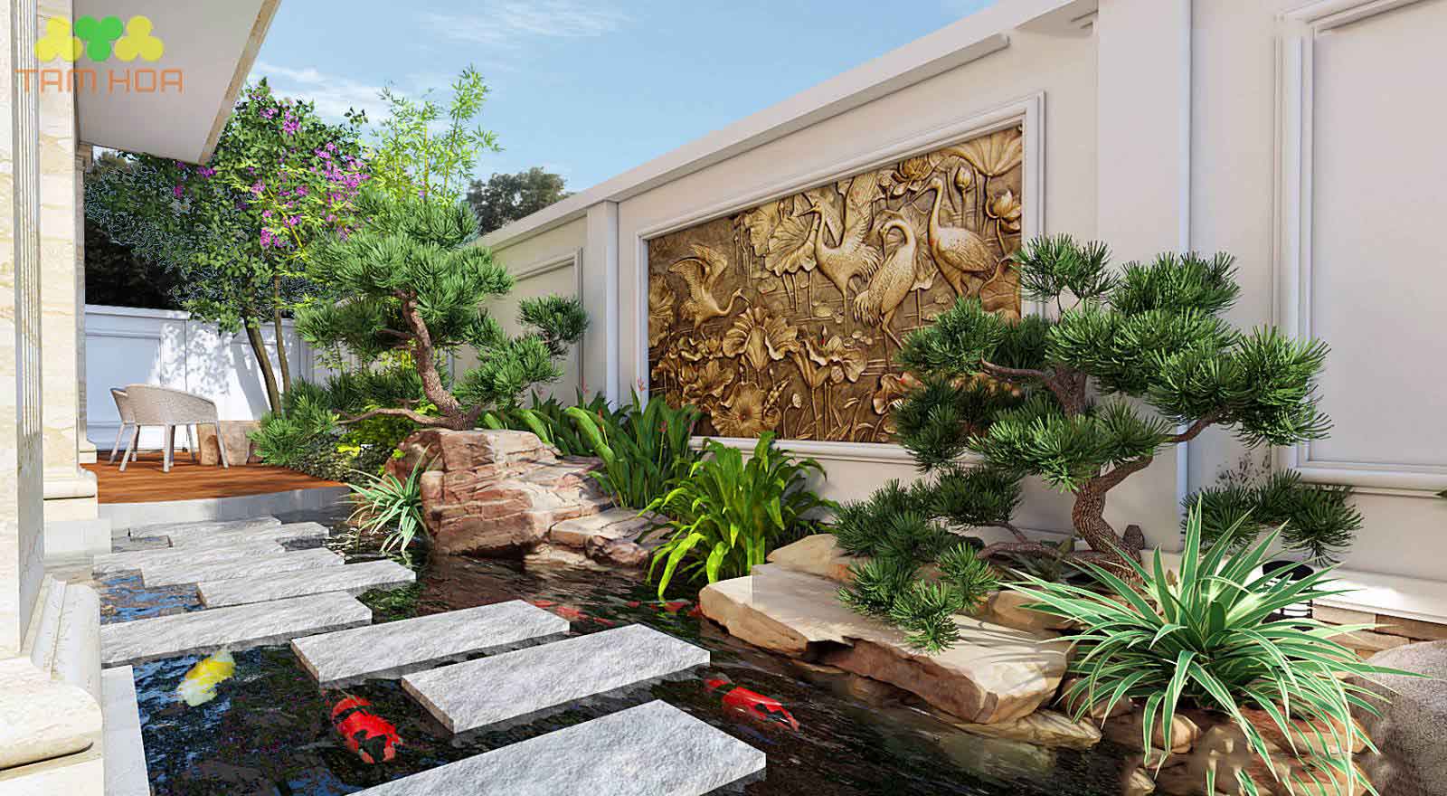 Hồ cá Koi sân vườn mang lại vẻ sang trọng cho ngôi nhà